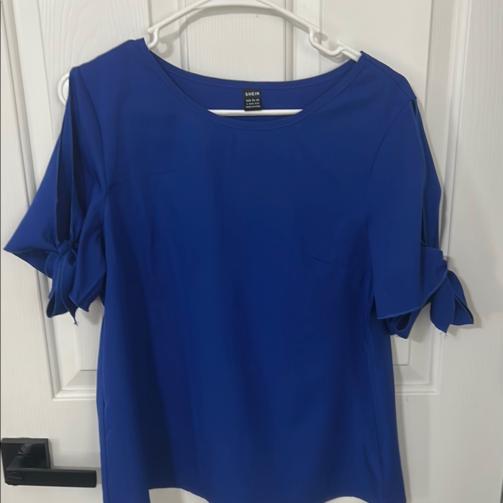 SHEIN Blue Flutter Sleeve Blouse with Tie Sleeves
